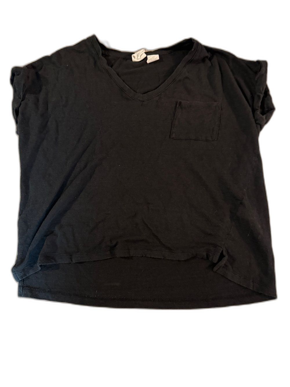 C&C California 100% Linen Top Womens XL Black V Neck Pocket High Low
